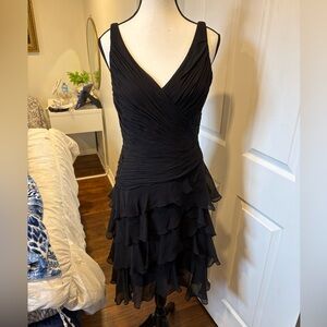 Betsy & Adam Black Silk Ruffle Cocktail Dress Ruched V Neck Tiered Size 8